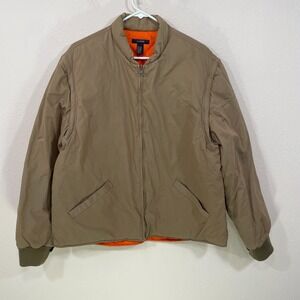 Vtg J Crew Men's L Goose Down Puffer Jacket  Removable Sleeve‎ Brown Orange Y2K